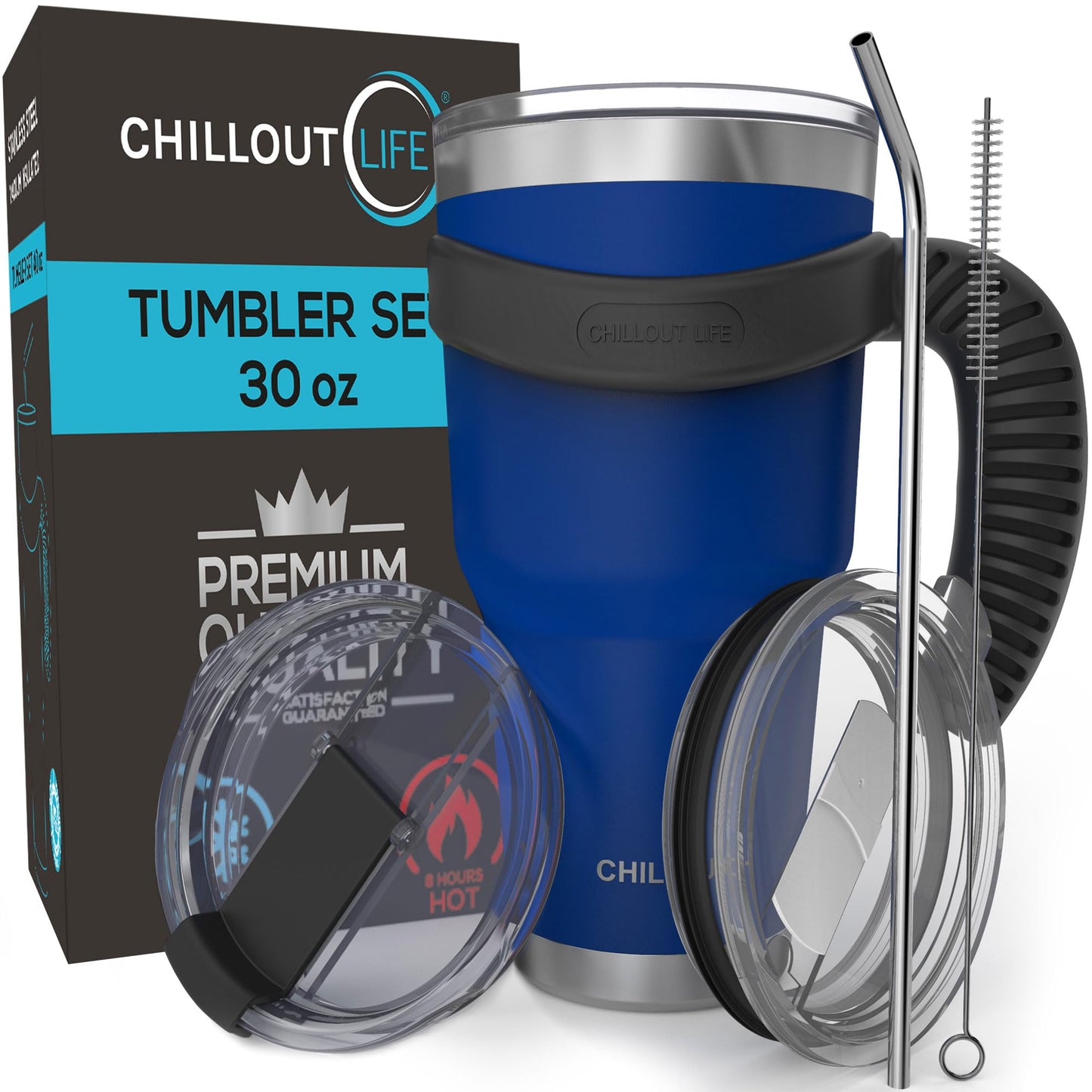 CHILLOUT LIFE Stainless Steel Travel Mug with Handle 30 oz – 6 Piece Set. Tumbler with Handle, Straw, Cleaning Brush & 2 Lids. Double Wall Insulated Large Coffee Mug Bundle