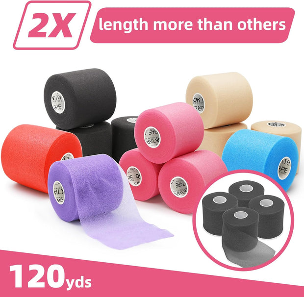 OK TAPE Pre Wrap Tape (4-Rolls) - Athletic Foam Underwrap for Sports, Protect for Ankles Wrists Hands and Knees, 2.75 Inches x 30 Yards - Black/Pink/Beige/White