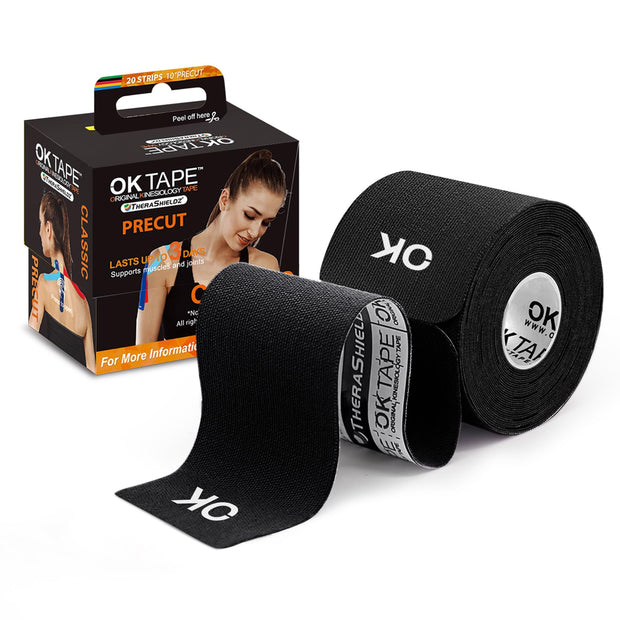 OK TAPE Kinesiology Tape 10 inches Precut, 20 Strips, Cotton Elastic Athletic Tape Latex Free, 2in x 16ft, Black
