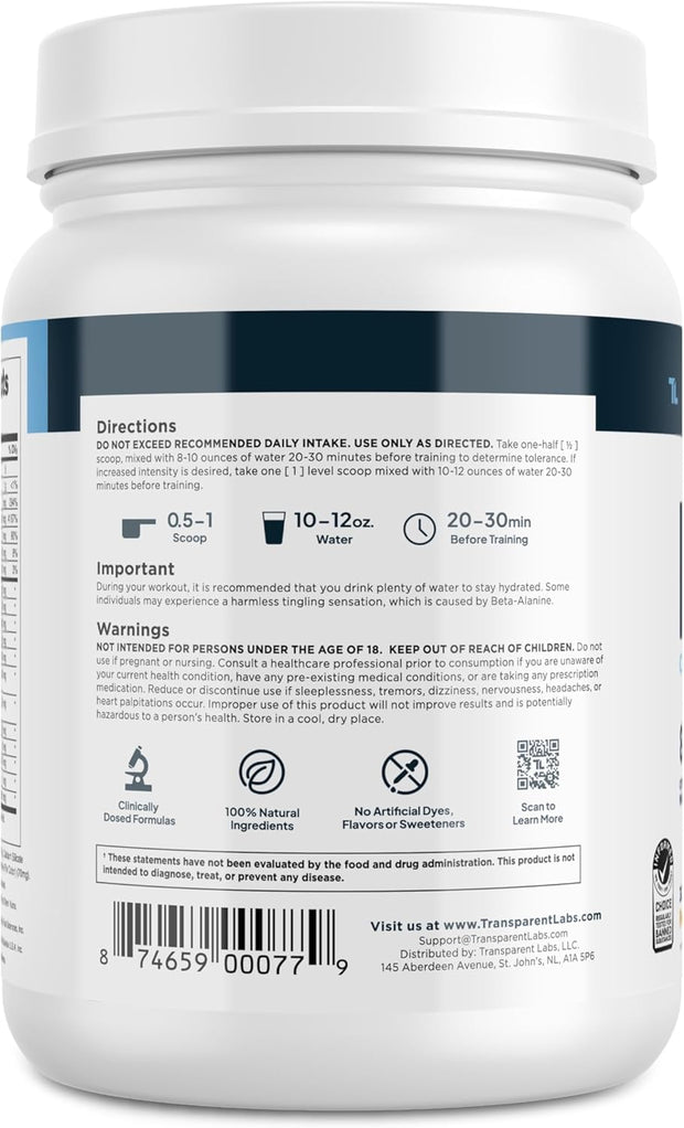 Transparent Labs Bulk Pre Workout Powder - Naturally Sweetened Advanced Pre-Workout Formula for Muscle Building and Strength - 30 Servings, Peach Mango