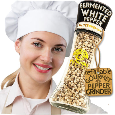 White Pepper Grinder with Fermented white peppercorns Whole Organic Peppercorns YUPANQUI - Gourmet Peppercorn Grinder with Seabreeze hints for MEDITERRANEAN CUISINE, Refillable Pepper Mill 3.5oz