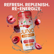 JUNO ENERGY Organic Cherry Sparkling Drink - Sugar Free Electrolytes, Energizing and Hydrating with 125mg Organic Caffeine from Green Coffee Beans, Organic Monk Fruit, Organic Sour and Black Cherry Juice & Electrolytes - Vegan, Gluten Free, 12 Pack
