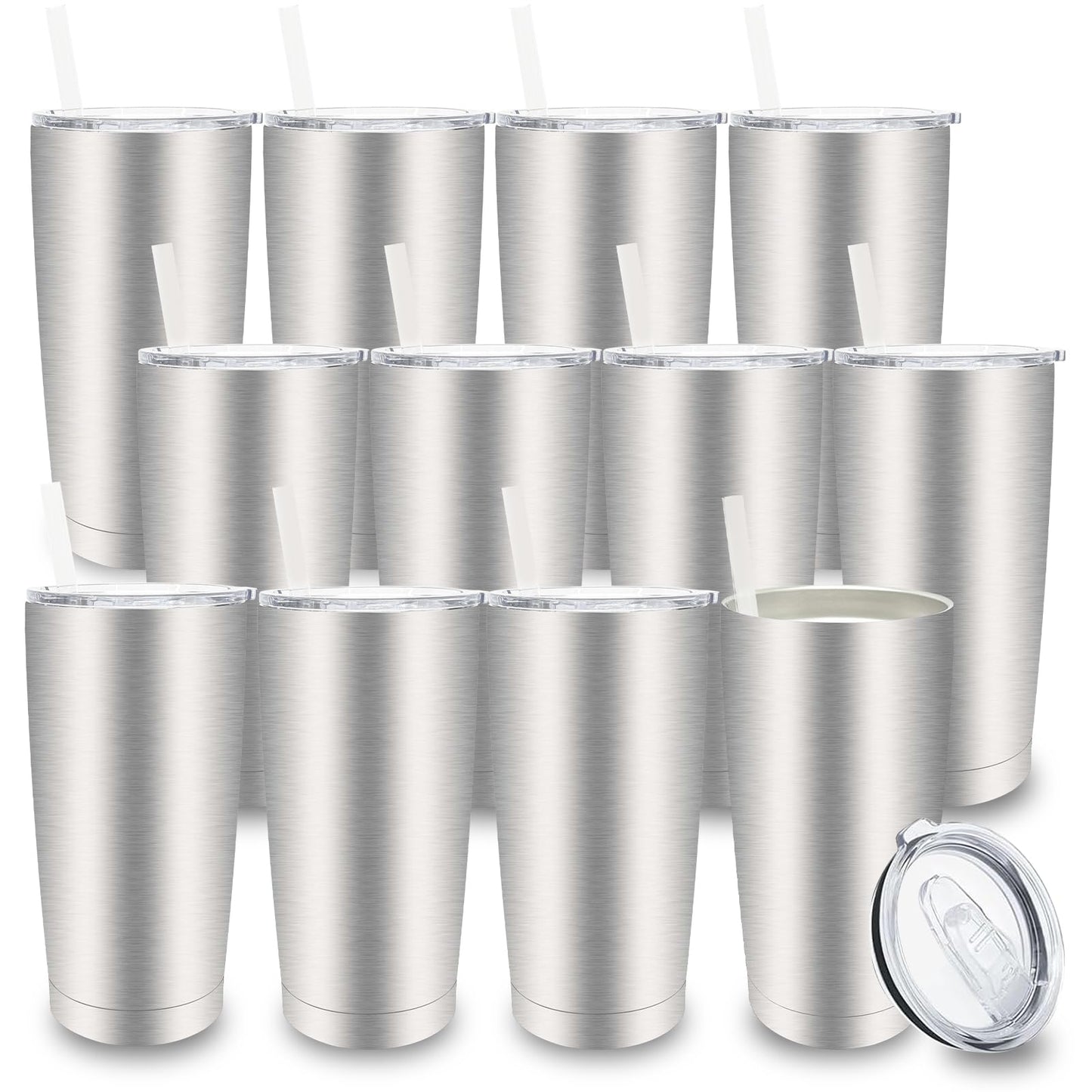 20 oz Tumblers Bulk, Stainless Steel Tumbler with Lid and Straw, Vacuum Double Wall Insulated Travel Coffee Mug with Sliding Lid, Powder Coated Cup for Hot and Cold Drinks (Stainless,6 pack)