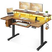 U Shaped Electric Standing Desk with Keyboard Tray, 55 Inch Height Adjustable Desk with Power Outlets & LED Lights, Sit Stand Table with Monitor Stand for Home, Office, White