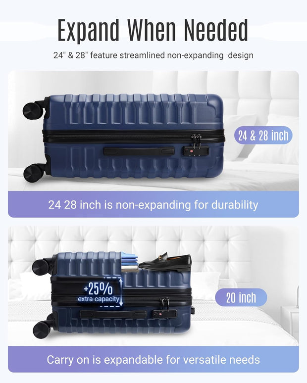 LIGHT FLIGHT Luggage Sets, 3 Piece Durable Suitcase Set with Spinner Wheels, 3 Pcs Hardside Lightweight luggage with TSA Lock, Large Checked Travel Suitcases, 20/24/28 Inch, Dark Blue