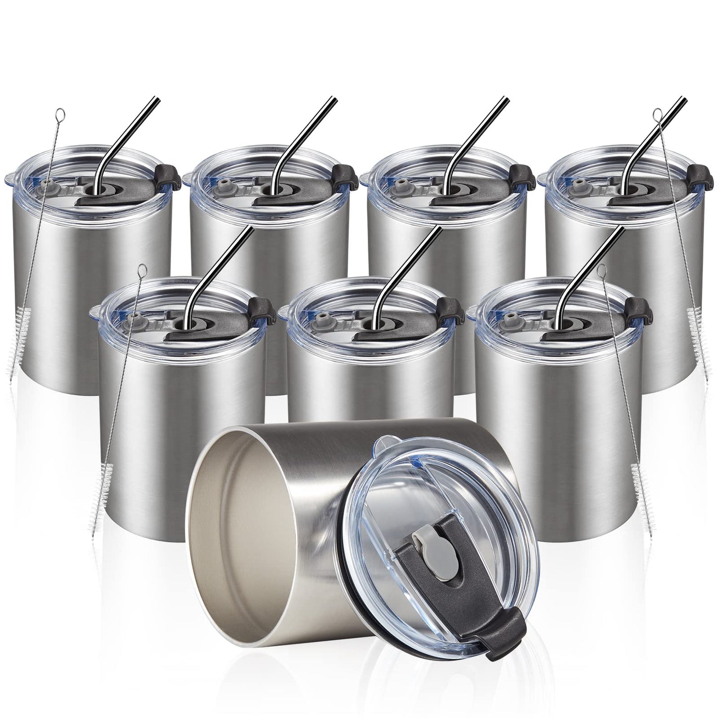 MEWAY 12oz/8 Pack Coffee Mug With Lid, Insulated Stainless Steel Reusable Coffee Cup, Double Wall Durable Coffee Mug, Powder Coate，For Coffee, Beer, Home, Office(MIX,8 Pack)