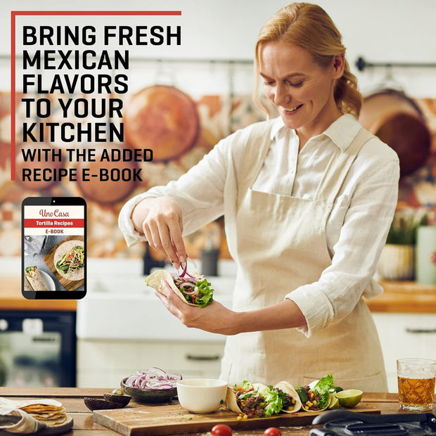 Uno Casa Cast Iron Tortilla Press 8 Inch - Tortilla Maker Press, Pre-Seasoned Roti Maker with 100 Pcs Parchment Paper - Heavy Duty Quesadilla Maker for Homemade Flatbreads, Rotis, Empanadas