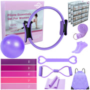 KABCON Pilates Equipment Essentials Set for Women at Home with Complete User Guide,13” Pilates Ring,9.8” Exercise Ball,Elastic Bands,Yoga Socks,Yoga Strap,13-Pcs Starter Workout Set