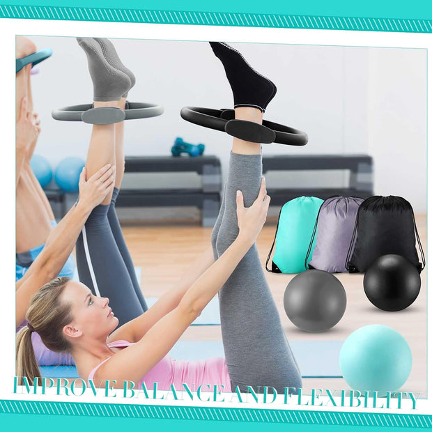 Poen Home Pilates Kit for Women Pilates Equipment Ring and Ball Set with Stretching Strap 8 Resistance Bands Non Slip Socks Gym Back Bags Exercise Equipment for Workout