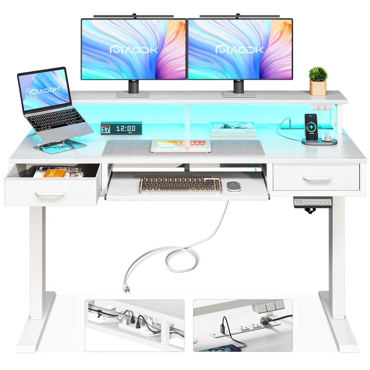 AODK Electric Standing Desk with Drawers & Keyboard Tray, 55 Inch Height Adjustable Gaming Desk with Power Outlets & LED Lights, Sit Stand Table with Monitor Stand for Home, Office, Rustic Brown