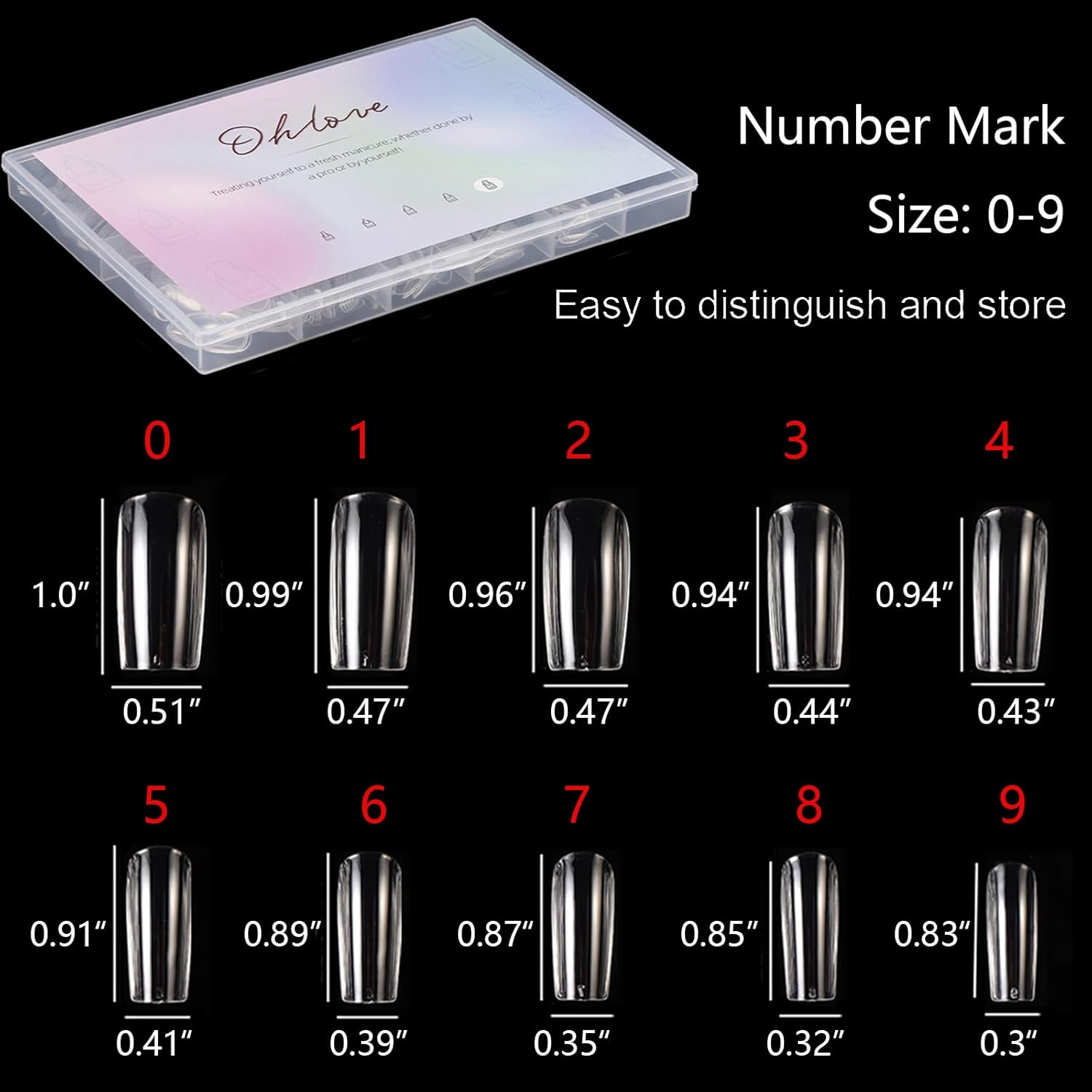 500Pcs Square Nail Tips Full Cover Clear Fake Nail Tips for Acrylic Nails, Size 0~9