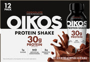 Oikos Protein Shake, Chocolate, 30g High Protein Drinks, Shelf Stable, Ready to Drink, 5g Prebiotic Fiber, 12 fl oz Bottle, 12 Count​