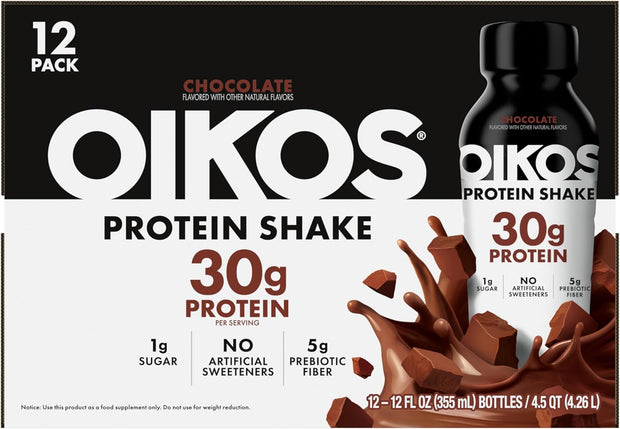 Oikos Protein Shake, Chocolate, 30g High Protein Drinks, Shelf Stable, Ready to Drink, 5g Prebiotic Fiber, 12 fl oz Bottle, 12 Count​