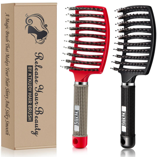 KTKUDY Detangling Brush Getting Knots Out without Pain - Boar Bristles HairBrush Make Hair Shiny & Healthier Vented Detangler Brush for Women Men Kids Wet and Dry Hair (Gold & Green)