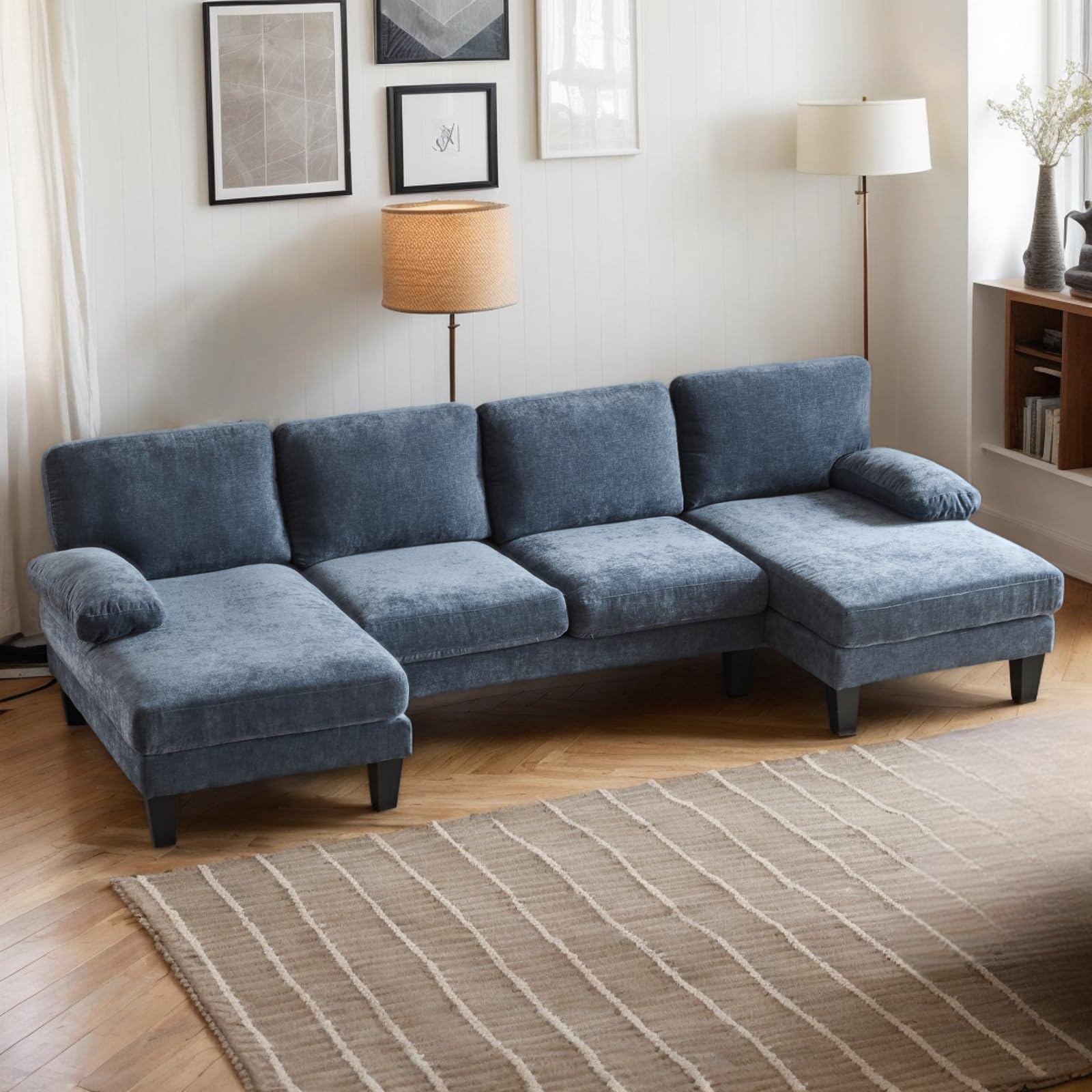 Karl home U-Shape Sectional Sofa Couch 111" Modern 4-Seat Sofa with Chaises Chenille Fabric Upholstered Covertible Couch with Wood Grain Legs for Living Room, Reception Room, Apartment, Beige