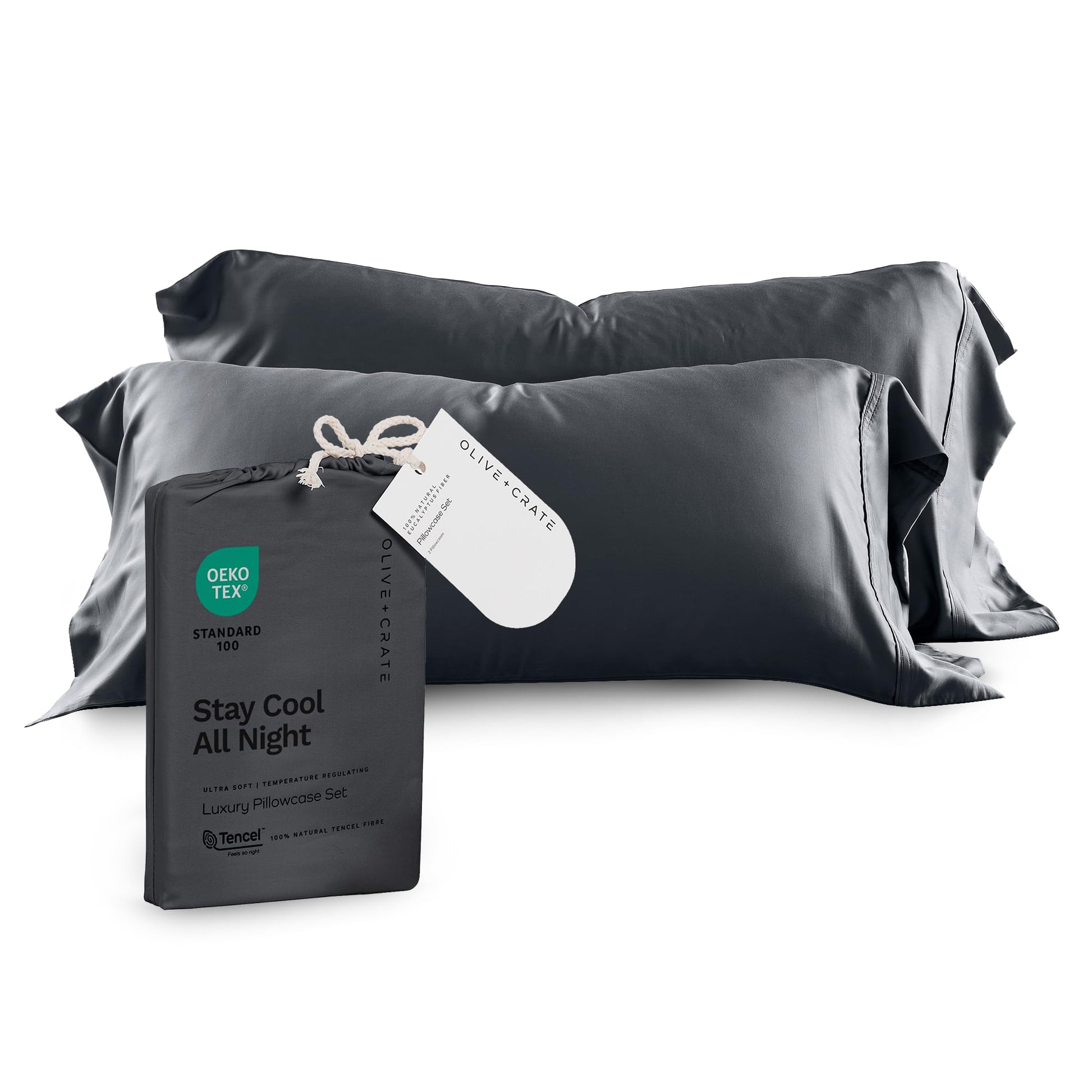Olive + Crate Tencel Eucalyptus Pillowcases - 100% Tencel Lyocell Cooling Pillow Cases for Hot Sleepers - Hypoallergenic, Moisture-Wicking, Silk Alternative, Vegan - King Size Set of 2 [Moss]