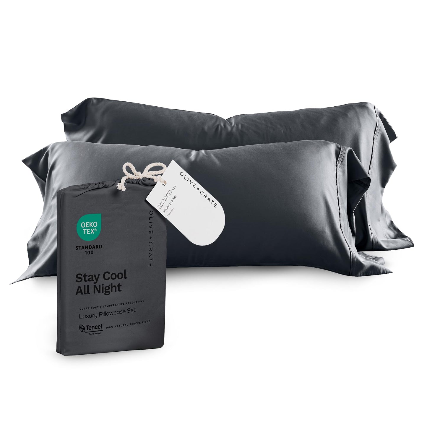 Olive + Crate Tencel Eucalyptus Pillowcases - 100% Tencel Lyocell Cooling Pillow Cases for Hot Sleepers - Hypoallergenic, Moisture-Wicking, Silk Alternative, Vegan - King Size Set of 2 [Moss]