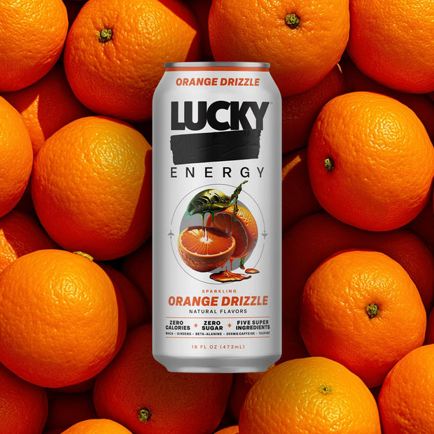 Lucky Energy Sugar Free Energy Drinks 16 Fl Oz Cans (12-Pack) Orange Drizzle with Maca, Ginseng, Taurine, Beta-Alanine, 200mg Caffeine