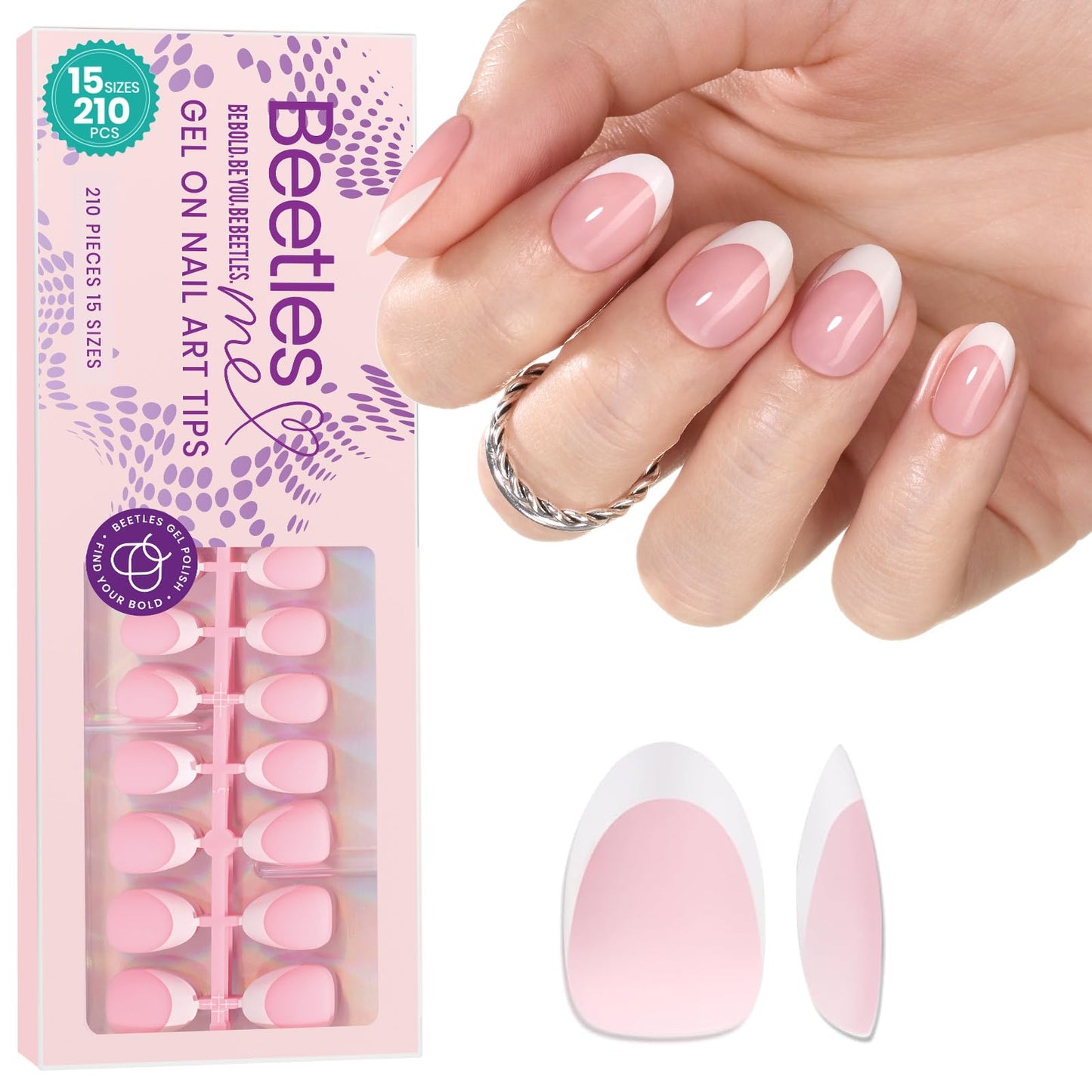 Beetles X Press Gel Nail Kit: Long Square French Tip Press On Nails Kit With 224Pcs Nail Tips Nail Glue & Builder Top Coat Mini UV Light, All-in-One DIY Designs Gift For Women At Home 16 Size