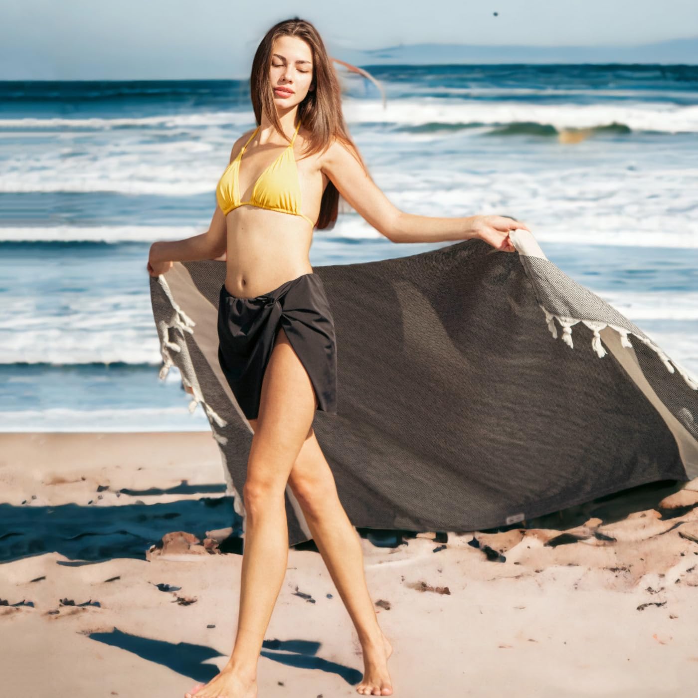 Bazaar Anatolia Turkish Beach Towel – 100% Cotton, Quick Dry, Lightweight and Sand Free – Perfect for Bathroom, Travel, Yoga, Camping, Oversized 71x39 inches - Diamond Black