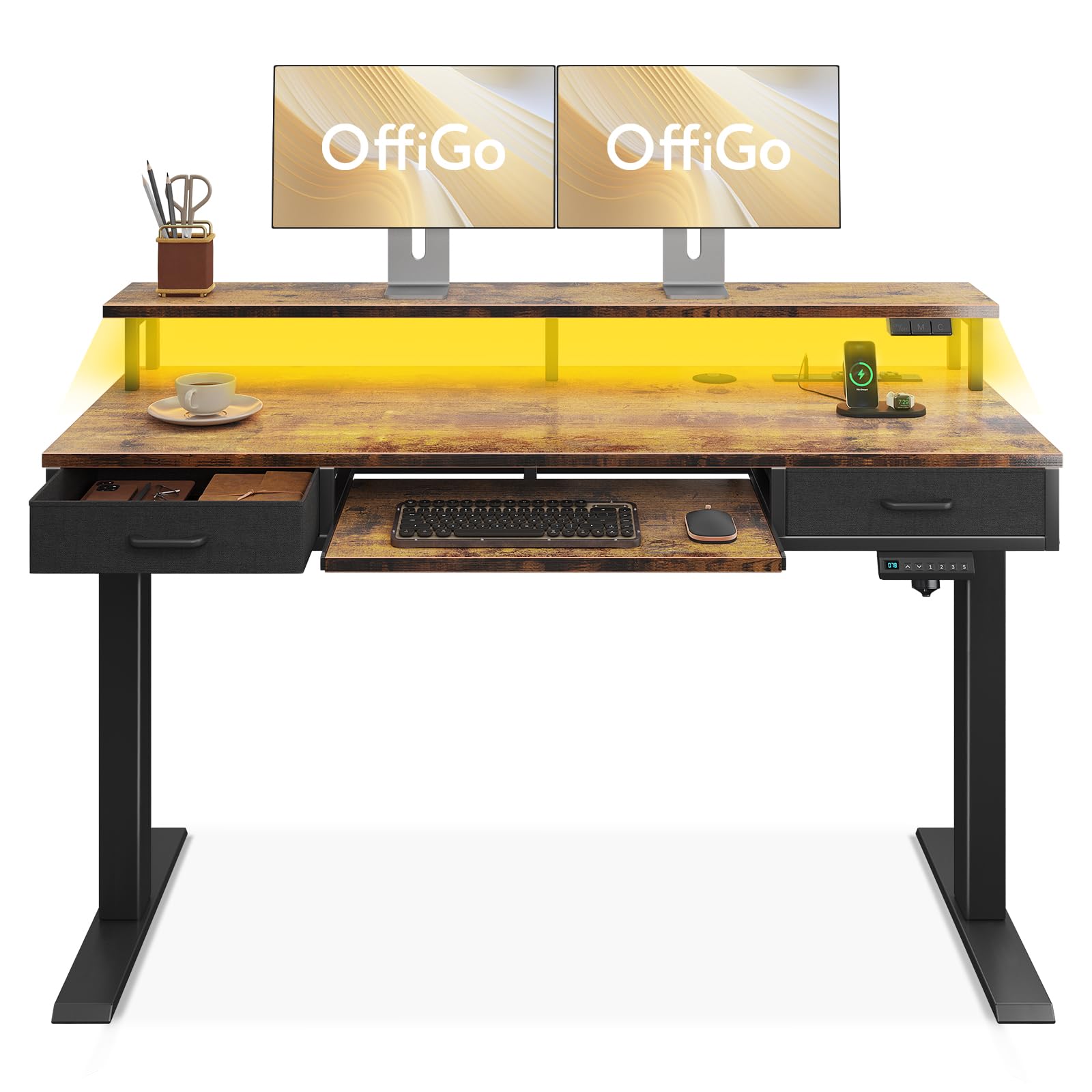 Electric Standing Desk with Drawers & Keyboard Tray, 55 Inch Height Adjustable Desk with Power Outlets & LED Lights, Sit Stand Table with Monitor Stand for Home, Office, White