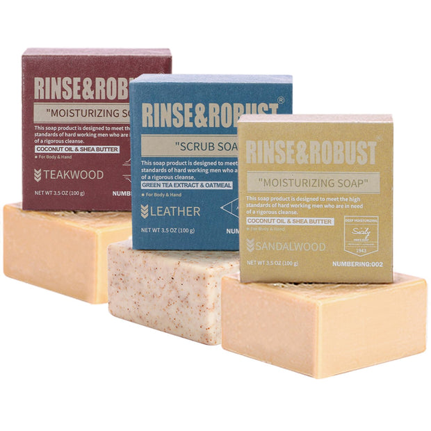 Rinse & Robust Mens Natural Bar Soap 6Pcs Handmade Cleansing Soap Bar Set Moisturizing&Exfoliating Scrub Soap Gifts for Men 6 Different Scents 3.5 oz of 6 Bars