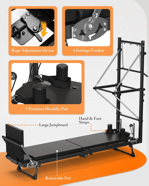Pilates Reformer, 92" Reformer Pilates Machine with Tower, Adjustable Pilates Equipment for Home Workout, Includes Pilates Tower, Jumpboard
