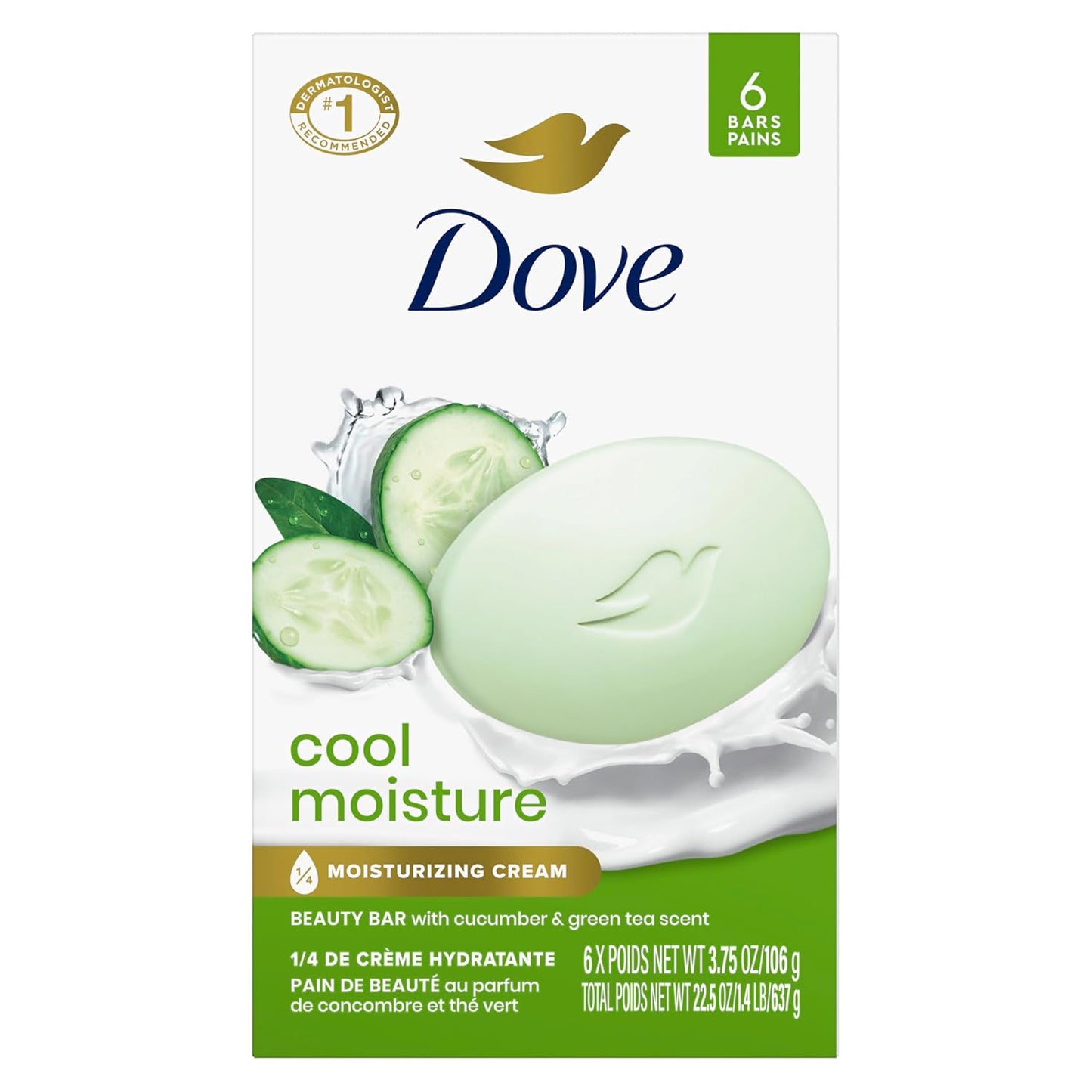 Dove Beauty Bar Soap Cool Moisture Cucumber & Green Tea Scent 6 Count for Refreshed Skin, Leaves Skin Refreshed 3.75 oz