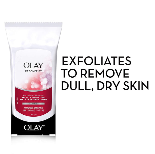 Olay Makeup Remover Wipes, Regenerist Micro-Exfoliating Wet Cleansing Cloths, Facial Cleanser for Women - Exfoliates, Refreshes, Smooths Texture, Travel Approved, 30 ct - 3 Pack