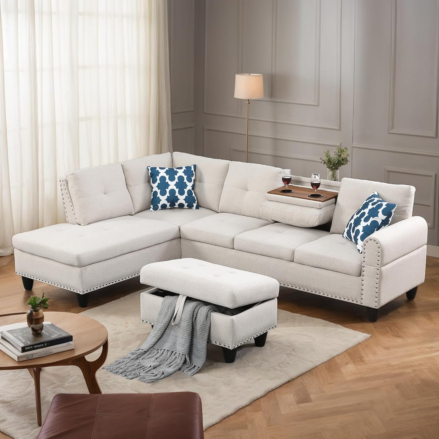 FANYE 3 Piece Modular Sectional Sofa with R Chaise, L-Shaped 5 Seaters Faux Leather Upholstered Corner Sofa & Couch W/2 Cup Holders and Storage Ottoman for Home Apartment Office Living Room