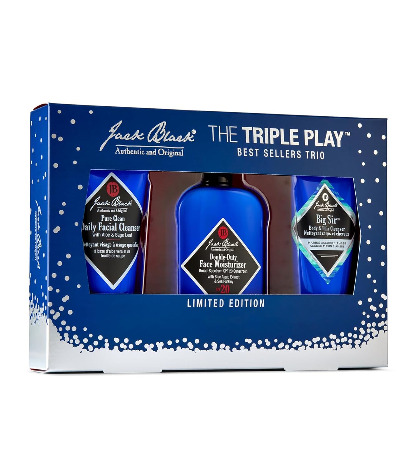 Jack Black The Triple Play Gift Set for Men – Pure Clean Daily Facial Cleanser, Double-Duty Face Moisturizer with SPF 20, and Big Sir Body & Hair Cleanser - Men’s Hydrating Skincare Kit