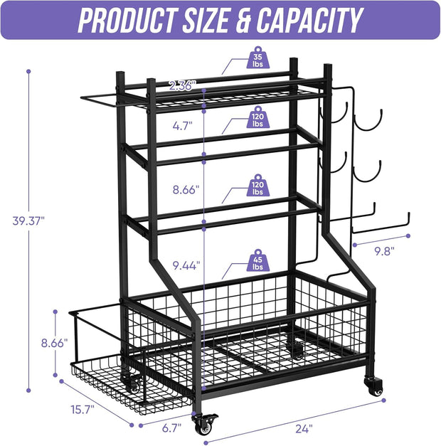 WUC Dumbbell Rack, Adjustable Weight Rack for Home Gym Storage for Dumbbells Kettlebells Yoga Mat & Balls, All in One Workout Equipment Storage Rack with Wheels, Powder Coated Steel, Black
