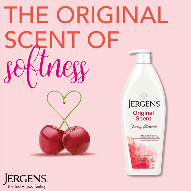 Jergens Original Scent Dry Skin Body Lotion, Hand and Body Moisturizer, Cherry Almond Essence, Dermatologist Tested, 21 Oz, Pack of 3
