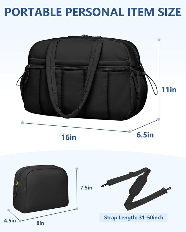 Travel Duffle Gym Bag for Women: Carry on Weekender Bags with Toiletry Bag Duffel Tote Bag with Wet Pocket Water Resistant Overnight Bag for Womens Hospital Work Sports Yoga Bags Black