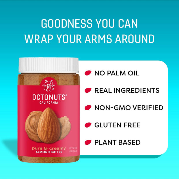 Octonuts Dry Roasted Pure Almond Nut Butter 16oz - Pure Creamy Nut Butter - Gluten Free, Vegan, Kosher, Paleo, Non-GMO Nut Butters Single Ingredient