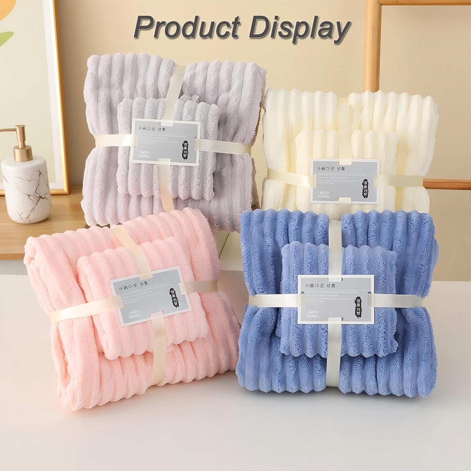 Coral Fleece Towel and Bath Towel Set Extra Thick Absorbent Wave Pattern 2 Piece Set for Home Spa and Travel Soft and Quick Drying (Grey)