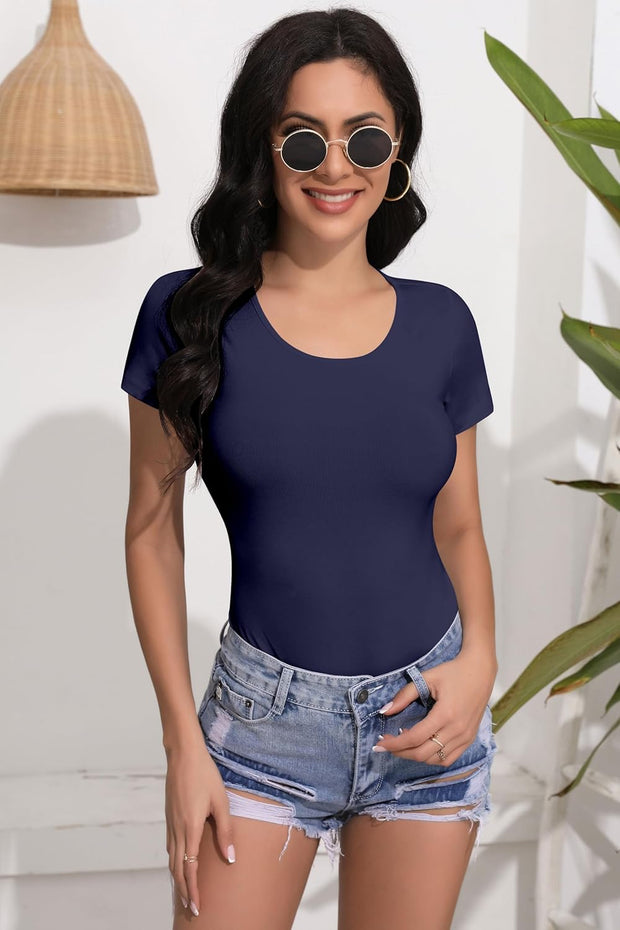 SHEIUGU Women’s Sleeveless Long Sleeve Crew Neck Ribbed Stretchy Slim Fit Tops Bodysuit Basic Jumpsuit