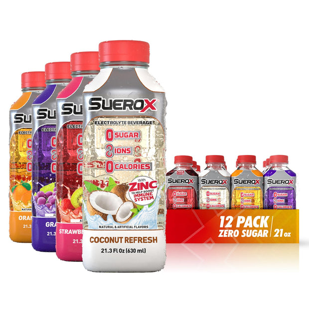 SueroX Zero Sugar Electrolyte Drink for Hydration and Recovery, Unique Blend of Electrolytes & 8 Ions, Zero Calorie Sports Drink, 21.3 Fl Oz, Variety Pack, 12 Count