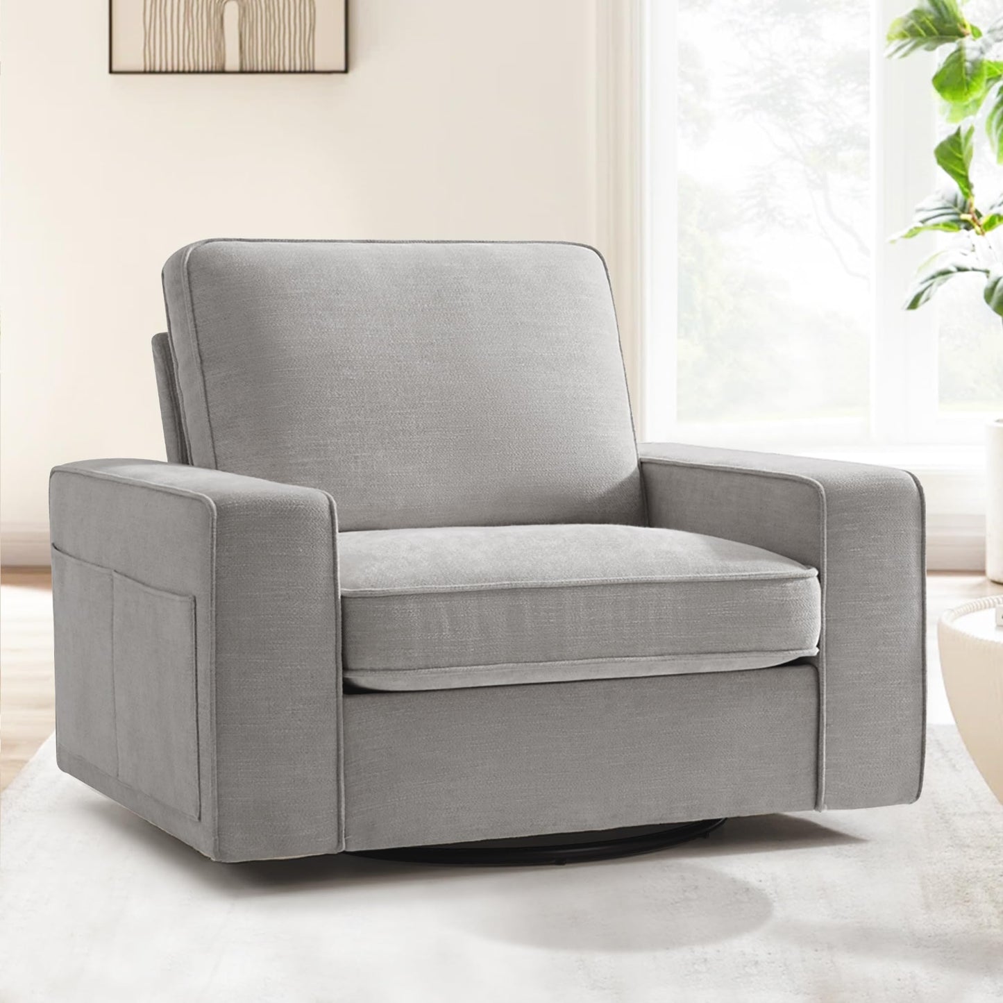 BEDHOURS Swivel Accent Chair for Living Room and Bedroom Single Sofa Chair Soft&Breathable Chenille Fabric Padding with Extra Wide Armrest Washable Detachable Cover(Chenille, Begie)