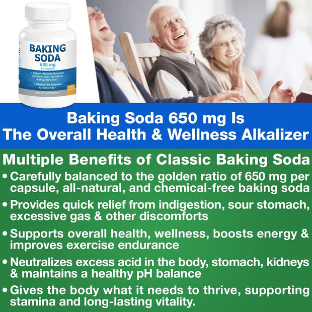 Natural Baking Soda Capsules - 650mg Baking Soda Tablets for Kidney & Stomach Acid - Sodium Bicarbonate Pills, Bicarbonate of Soda, Bicarbonato de Sodio para Tomar, Sodium Bicarbonate 650 mg Tablets