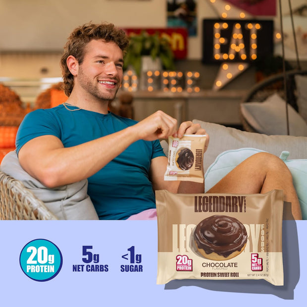 Legendary Foods 20g Protein Chocolate Sweet Roll - Premium High Protien Bars, Low Carb Meal Replacement Snack, Low Glycemic Index, Gluten Free Snacks - Zero Sugar, Keto and Diabetic Friendly 8-Pack