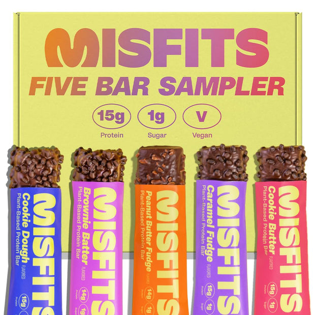 Misfits Vegan Protein Bars - Updated Gluten Free Recipe | Plant Based, Low Sugar & Carb, High Fiber Snacks | Variety Pack of 12 (4 Flavors)