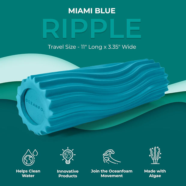Oceanfoam Ripple Travel Foam Roller (11" x 3.35") Firm Mini Foam Roller for Physical Therapy, Deep Tissue Massage, Back Pain - High Density, Ergonomic Wave Textured - Yoga, Exercise (Black Marbled)