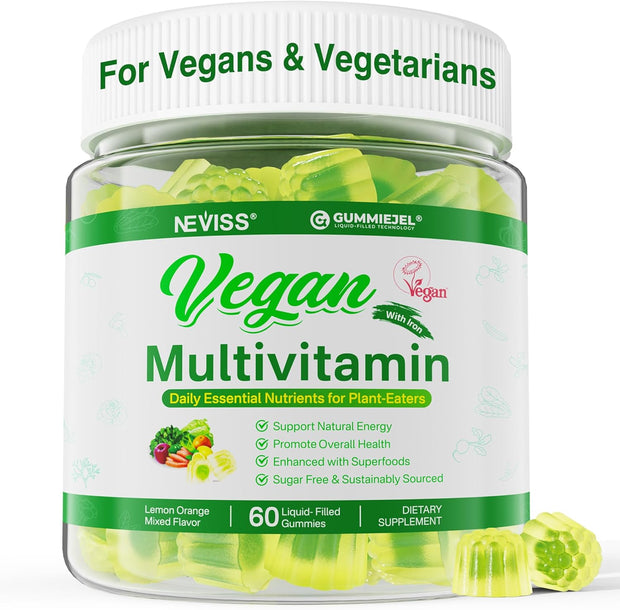 NEVISS Vegan Multivitamin for Women & Men w/Methyl B12, D3 K2, Plant Based Omega 3 (DHA+EPA), Iron, Choline, Zinc, Whole Food Daily Vitamins Gummies for Vegans & Vegetarians, Sugar Free, 60Cts