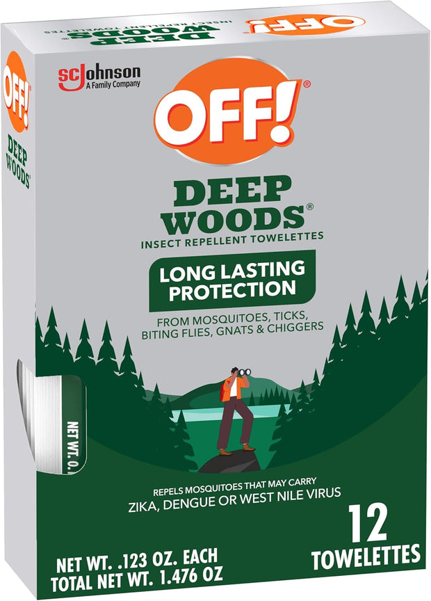 OFF! Deep Woods Mosquito and Insect Repellent Wipes, Long lasting, 12 Individually Wrapped Wipes