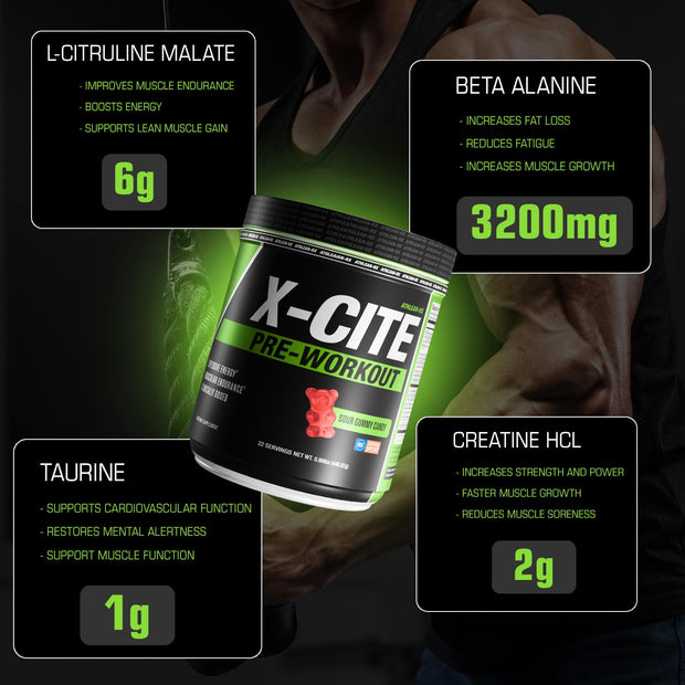 X-CITE Pre-Workout by ATHLEAN-X - Enhanced Formula with Beta-Alanine, Creatine & Caffeine for Ultimate Energy, Endurance, Focus & Muscle Pump, NSF Certified for Sports (22 Servings, Fruit Punch)