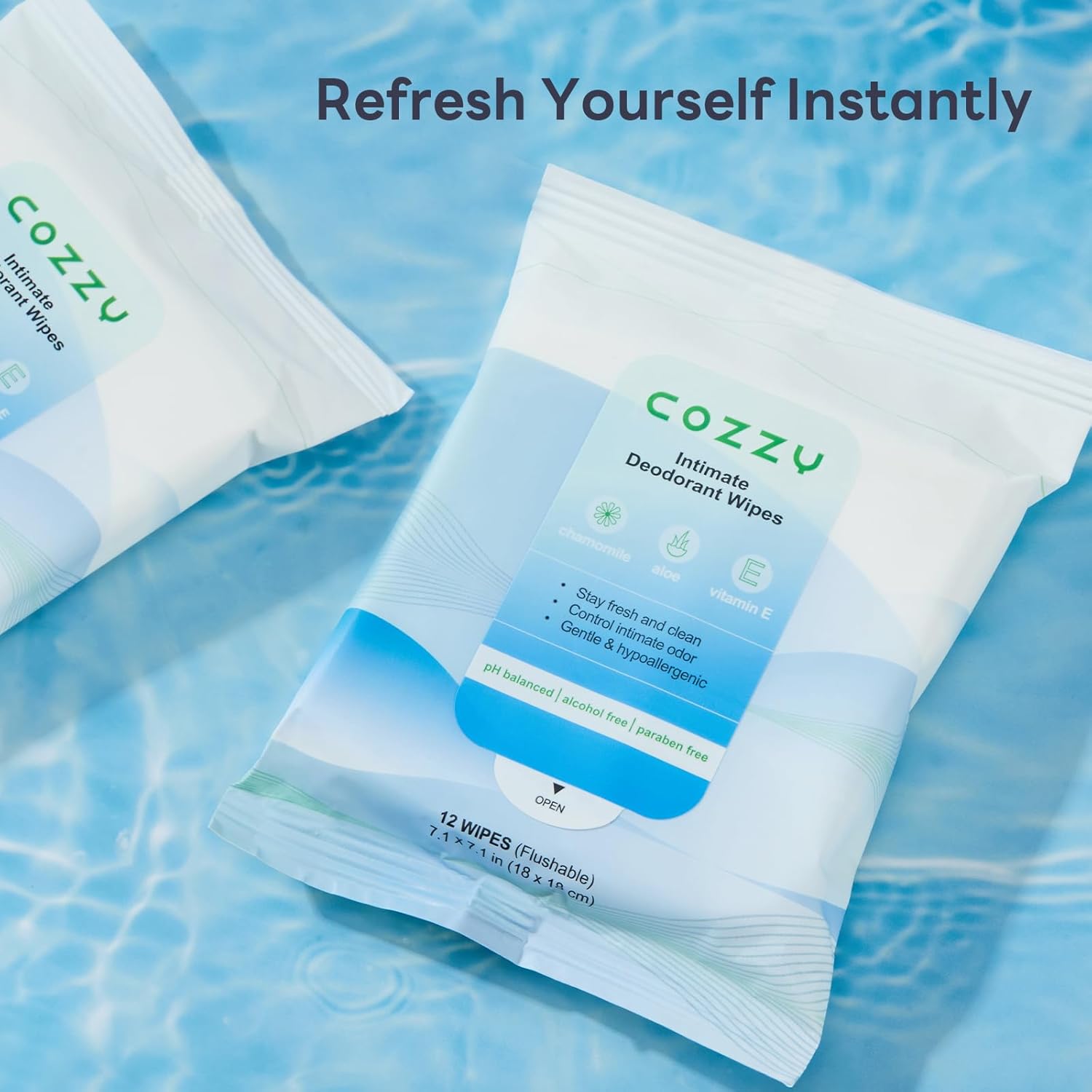 COZZY Intimate Deodorant Wipes - Flushable, Biodegradable, & Ph Balanced, Removes Odor - Gentle, All Skin Types, Alcohol Free, Paraben Free, Aluminum Free - 12 Count (Pack of 3)