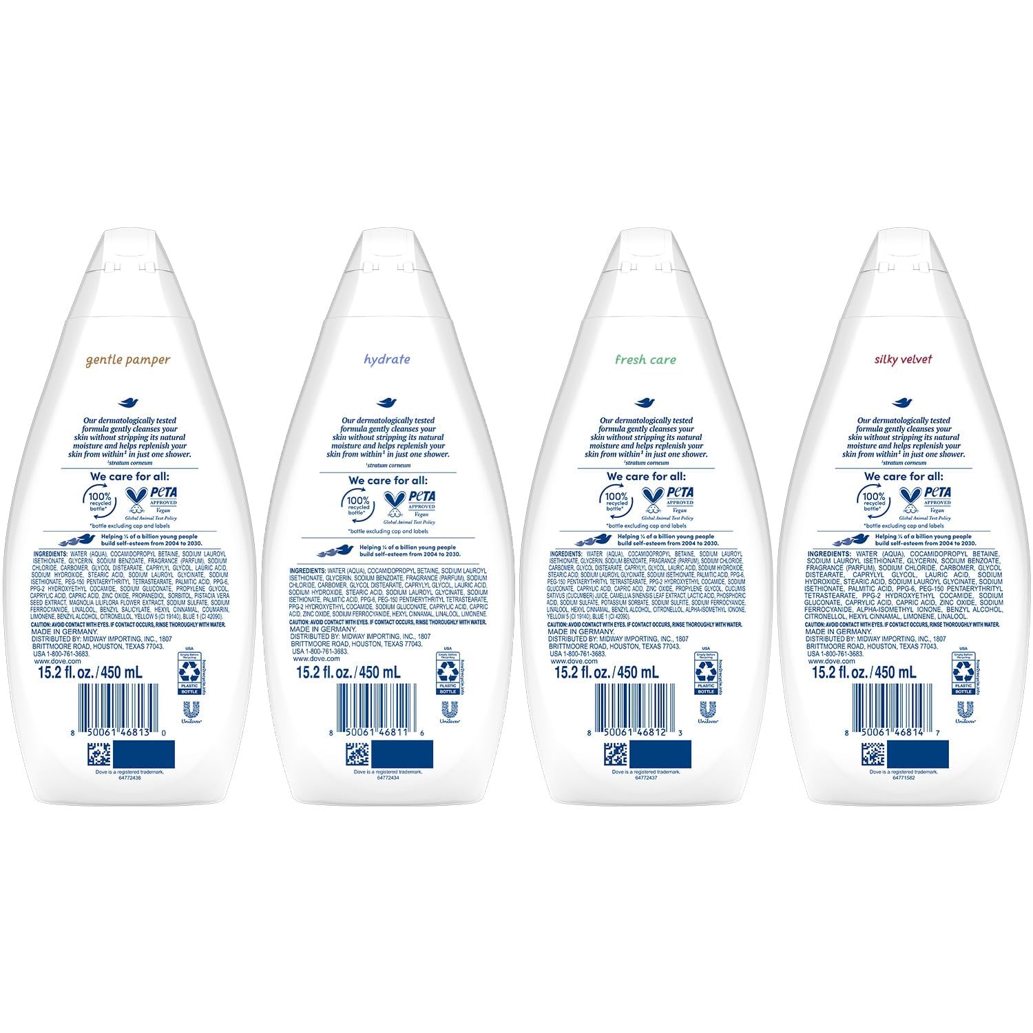 Dove Body Wash Variety 6-Pack – Hydrate, Gentle Pamper, Fresh Care, and Silky Velvet, 15.22 Oz Ea