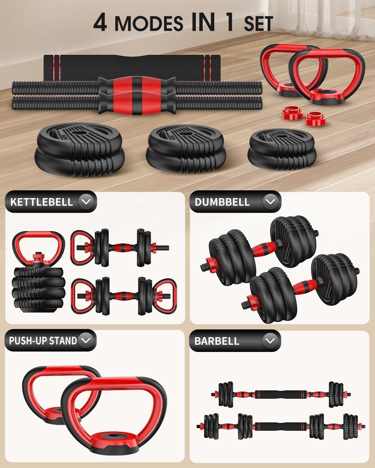 Adjustable Dumbbells, 10/20/35/45/70/90lbs Free Weight Set with Connector, 4 in1 Dumbbells Set Used as Barbell, Kettlebells, Push up Stand, Fitness Exercises for Home Gym Suitable Men/Women