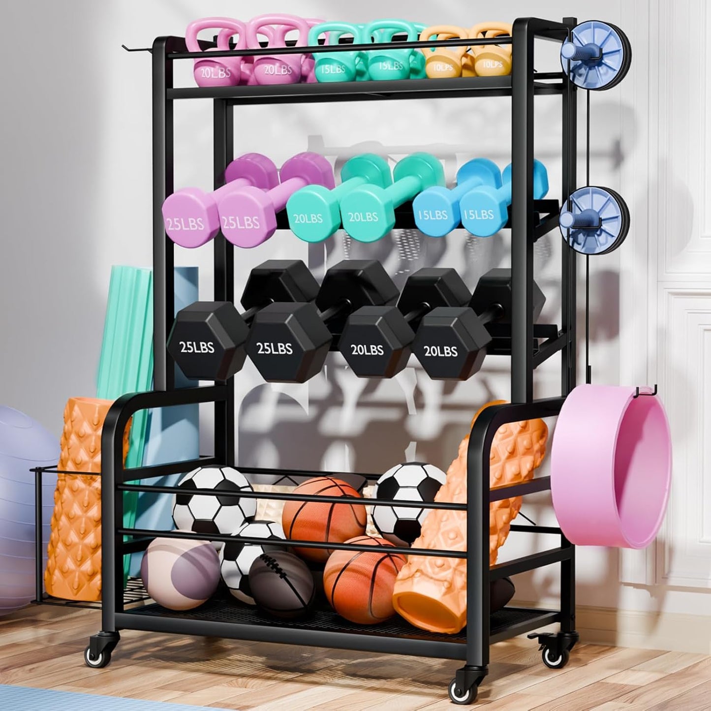 Dumbbell Rack Weight Stand - 4-Tier Adjustable Weight Rack for Dumbbells, Home Gym Storage Rack for Yoga Mat Foam Roller Kettlebells, Workout Equipment Storage Organizer With Wheels